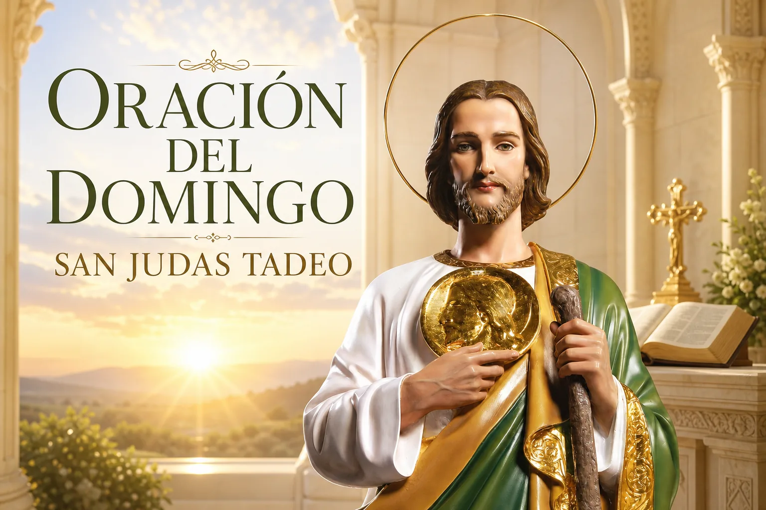 San Judas Tadeo a medio cuerpo ante un amanecer para la oración del domingo
