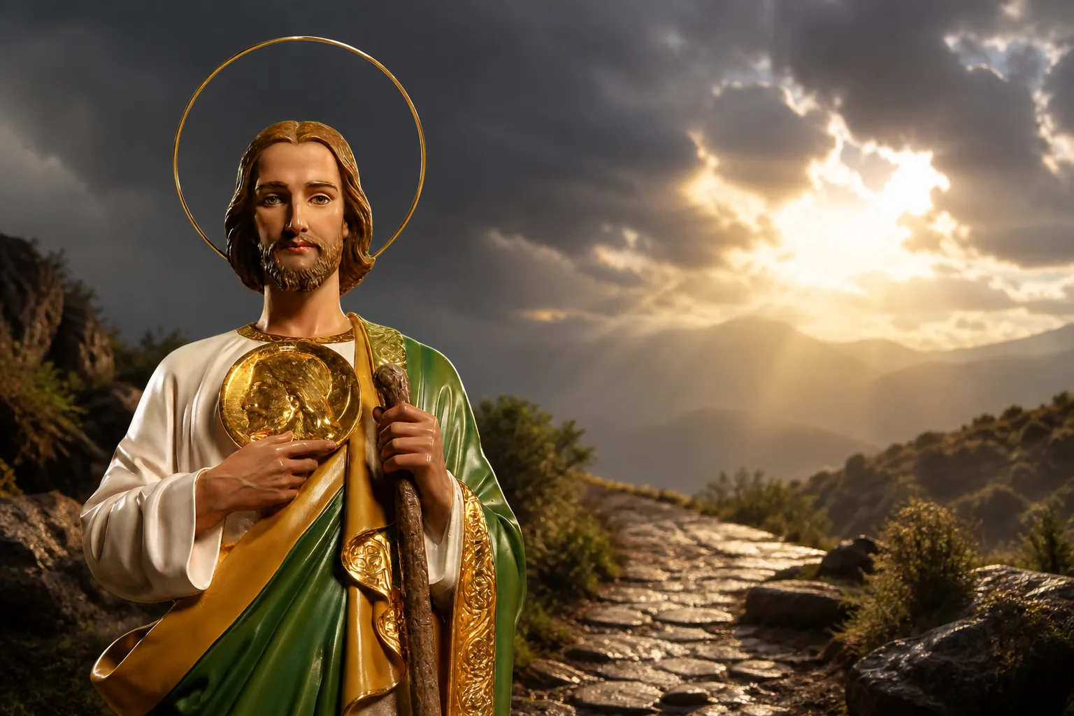 Oración Milagrosa a San Judas Tadeo para un Milagro Urgente 1 San Judas Tadeo a la izquierda ante un camino iluminado después de la tormenta para una oración milagrosa