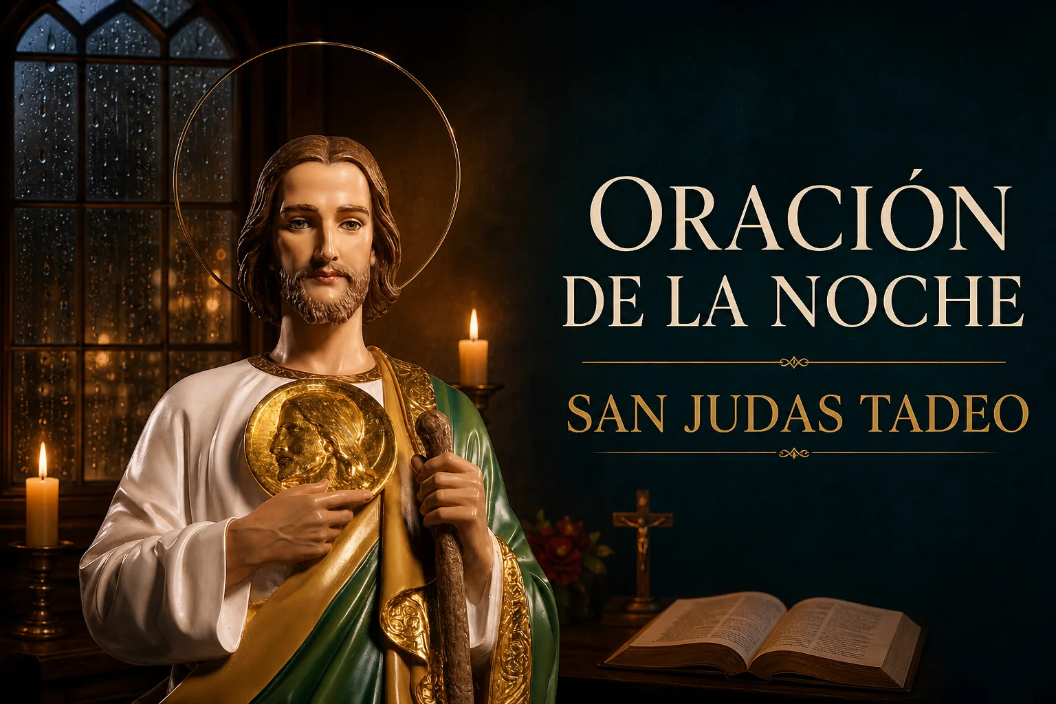 San Judas Tadeo a medio cuerpo en una capilla con velas para una oración de la noche
