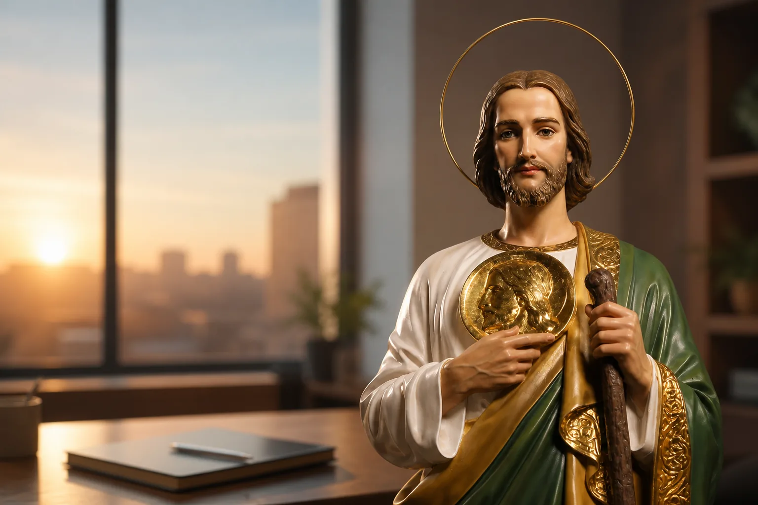 San Judas Tadeo a la derecha junto a un escritorio de búsqueda laboral para una oración por el trabajo