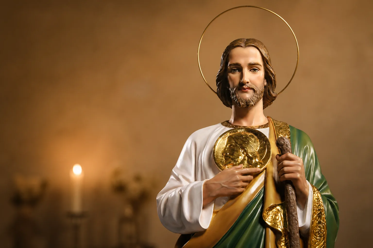 San Judas Tadeo a la derecha en un rincón de oración tranquilo para presentar una petición a Dios