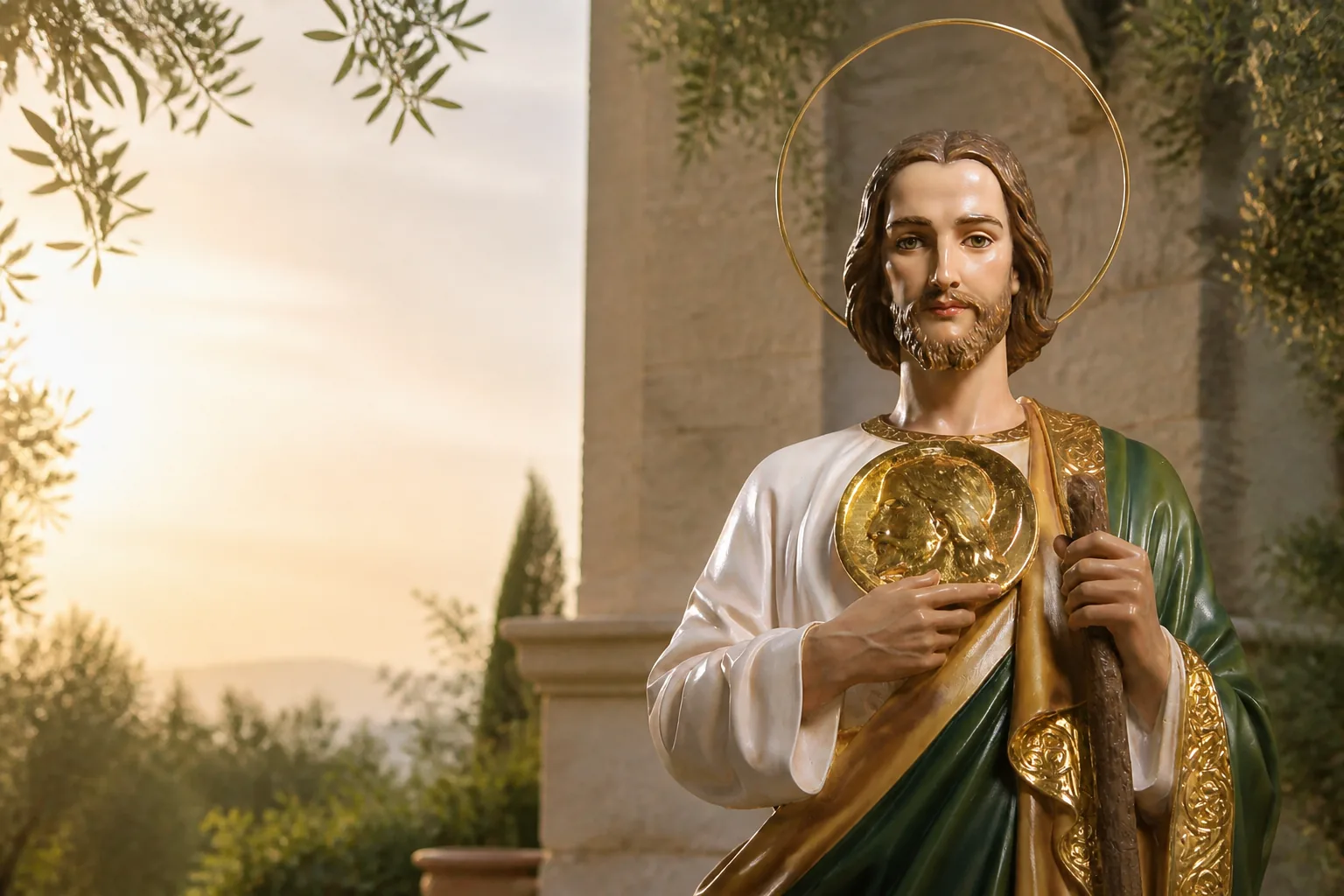 San Judas Tadeo a medio cuerpo junto a una iglesia iluminada para una oración completa de fe y esperanza