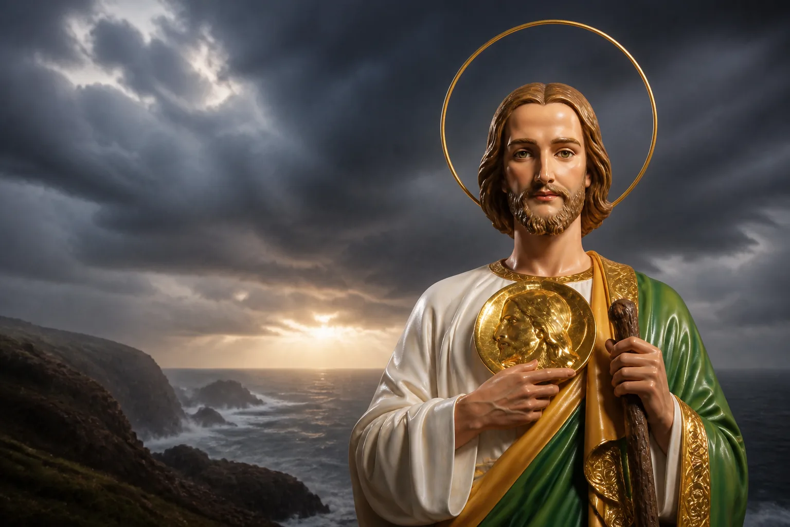 San Judas Tadeo a medio cuerpo ante una tormenta que se abre para una oración por casos difíciles y desesperados