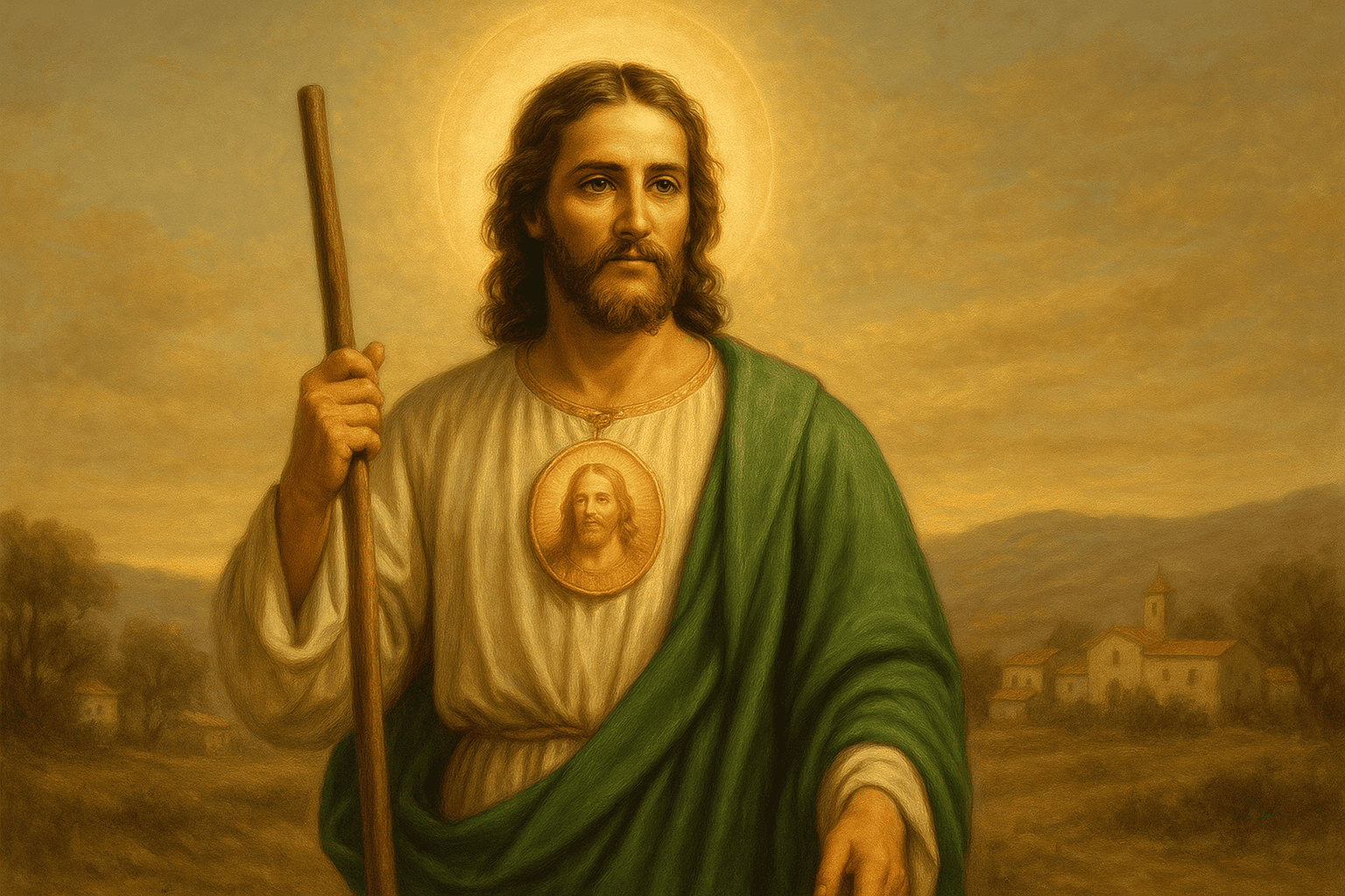 San Judas Tadeo sosteniendo un medallón dorado, oración para el día 28