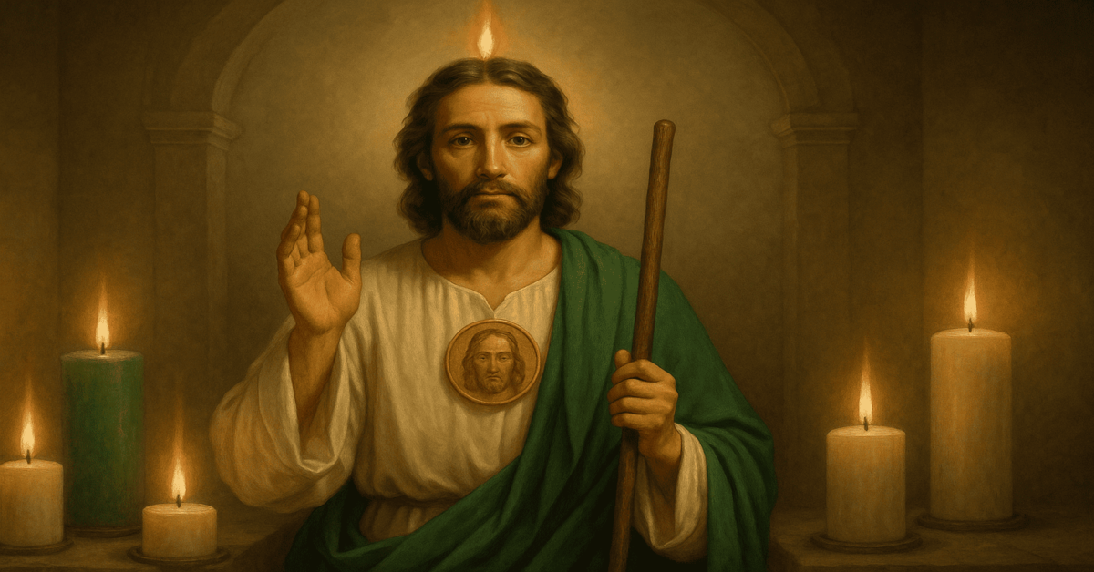 Figura religiosa con velas encendidas.
