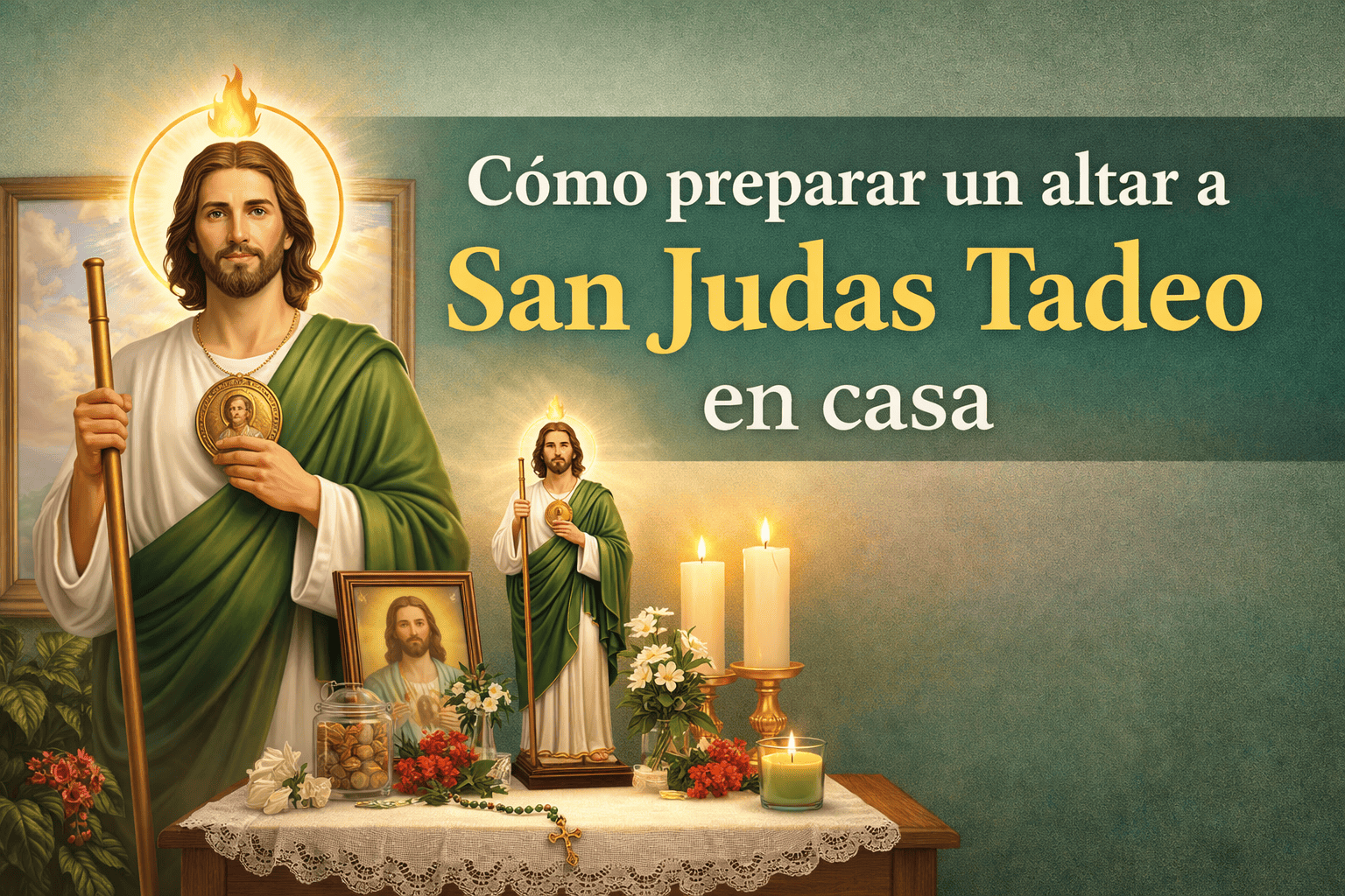 Altar de San Judas Tadeo en casa con vela verde, flores y oración
