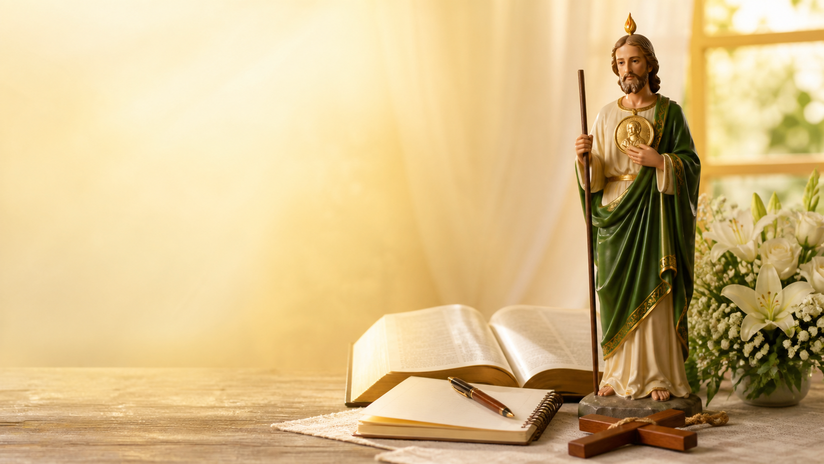 San Judas Tadeo junto a Biblia para bendecir el inicio de semana