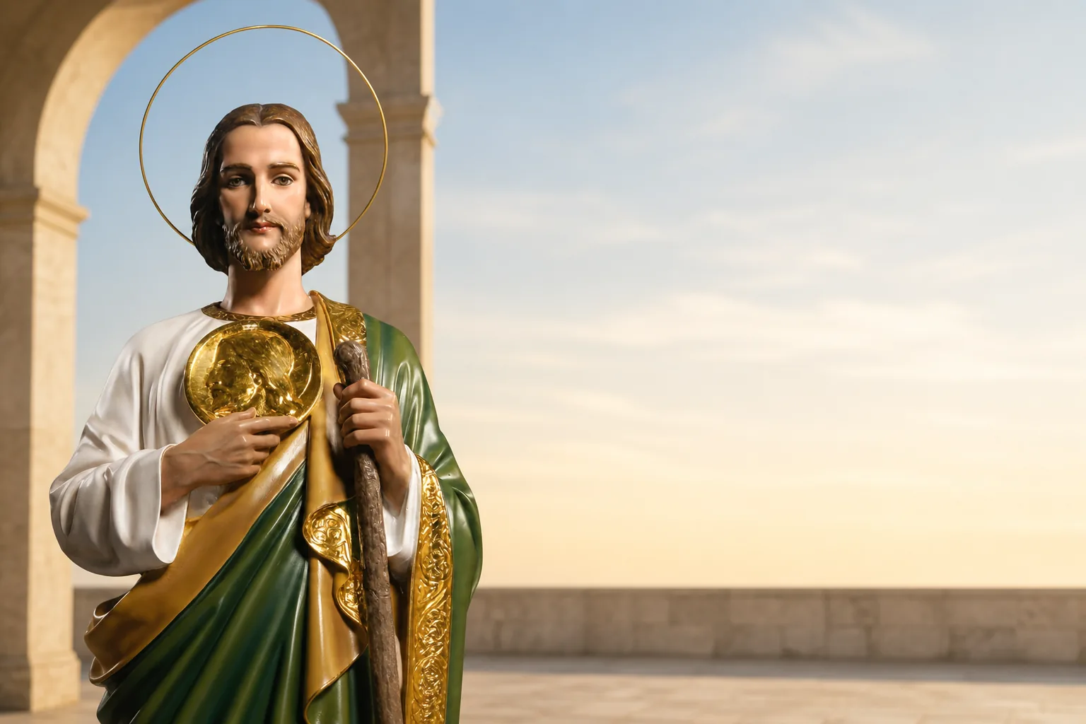 San Judas Tadeo a la izquierda en un patio de piedra al amanecer para una oración corta y sencilla