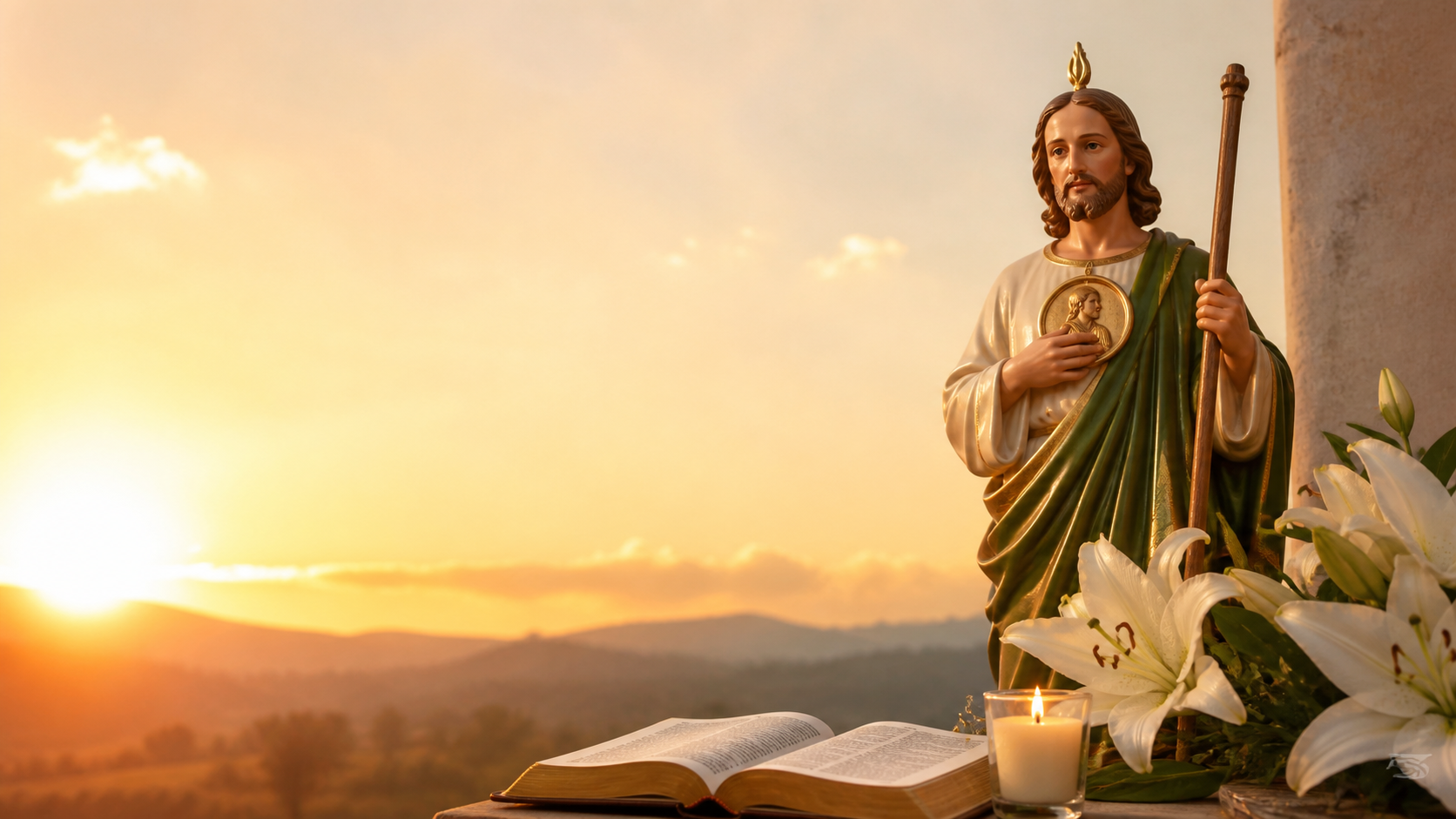 San Judas Tadeo con Biblia y vela al amanecer para la oración del lunes