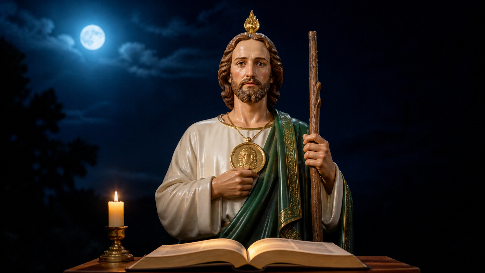 San Judas Tadeo centrado y a medio cuerpo durante una oración de la noche