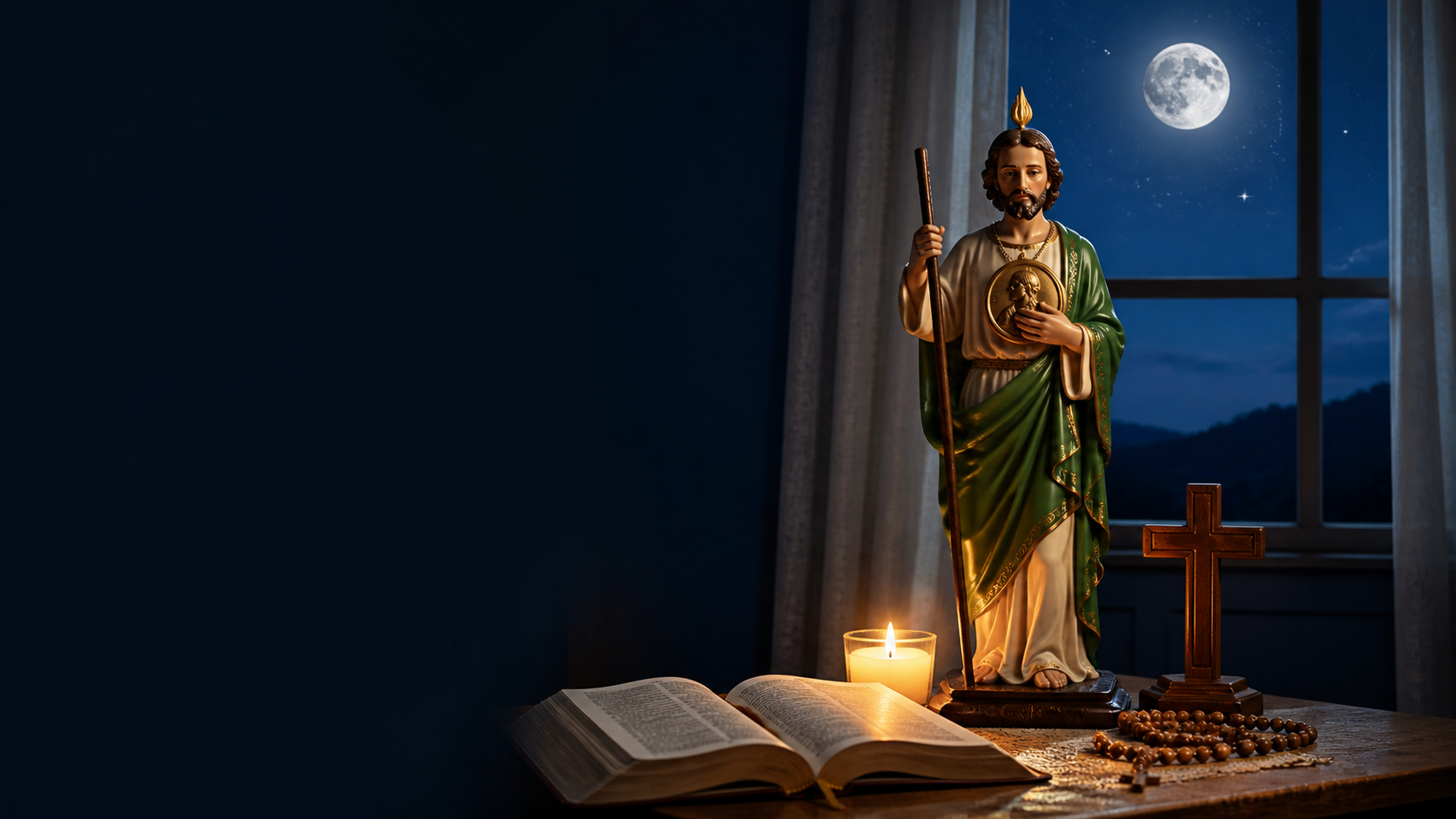 San Judas Tadeo con Biblia y vela para la oración de la noche