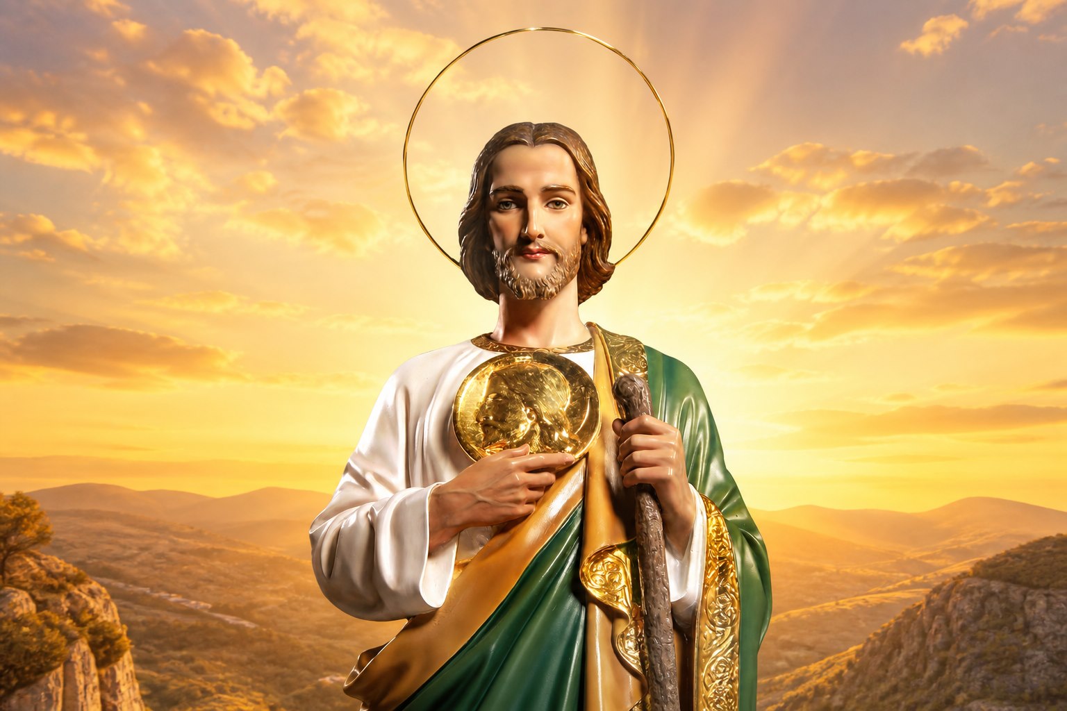 San Judas Tadeo en una portada de oración del jueves con un amanecer dorado