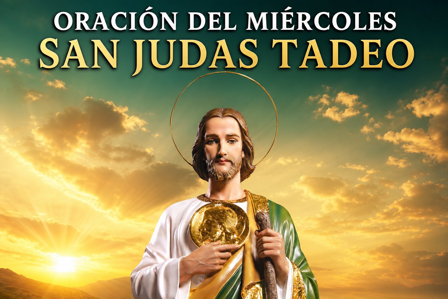 San Judas Tadeo en una portada de oración del miércoles con cielo dorado