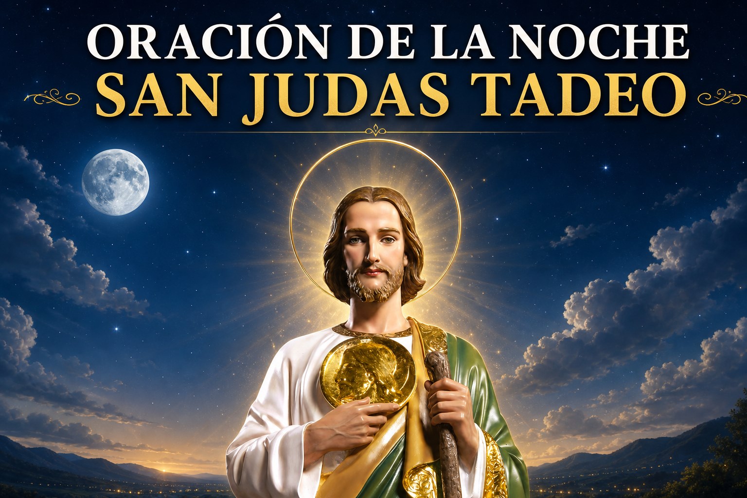 San Judas Tadeo bajo un cielo nocturno en portada de oración para descansar en paz