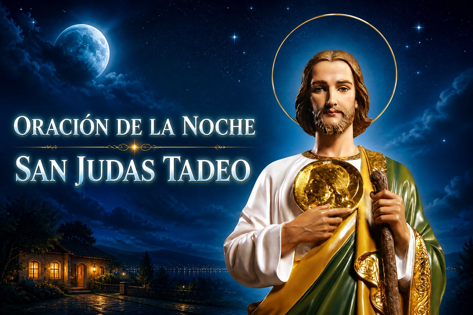 San Judas Tadeo a medio cuerpo bajo un cielo azul estrellado para una oración de la noche