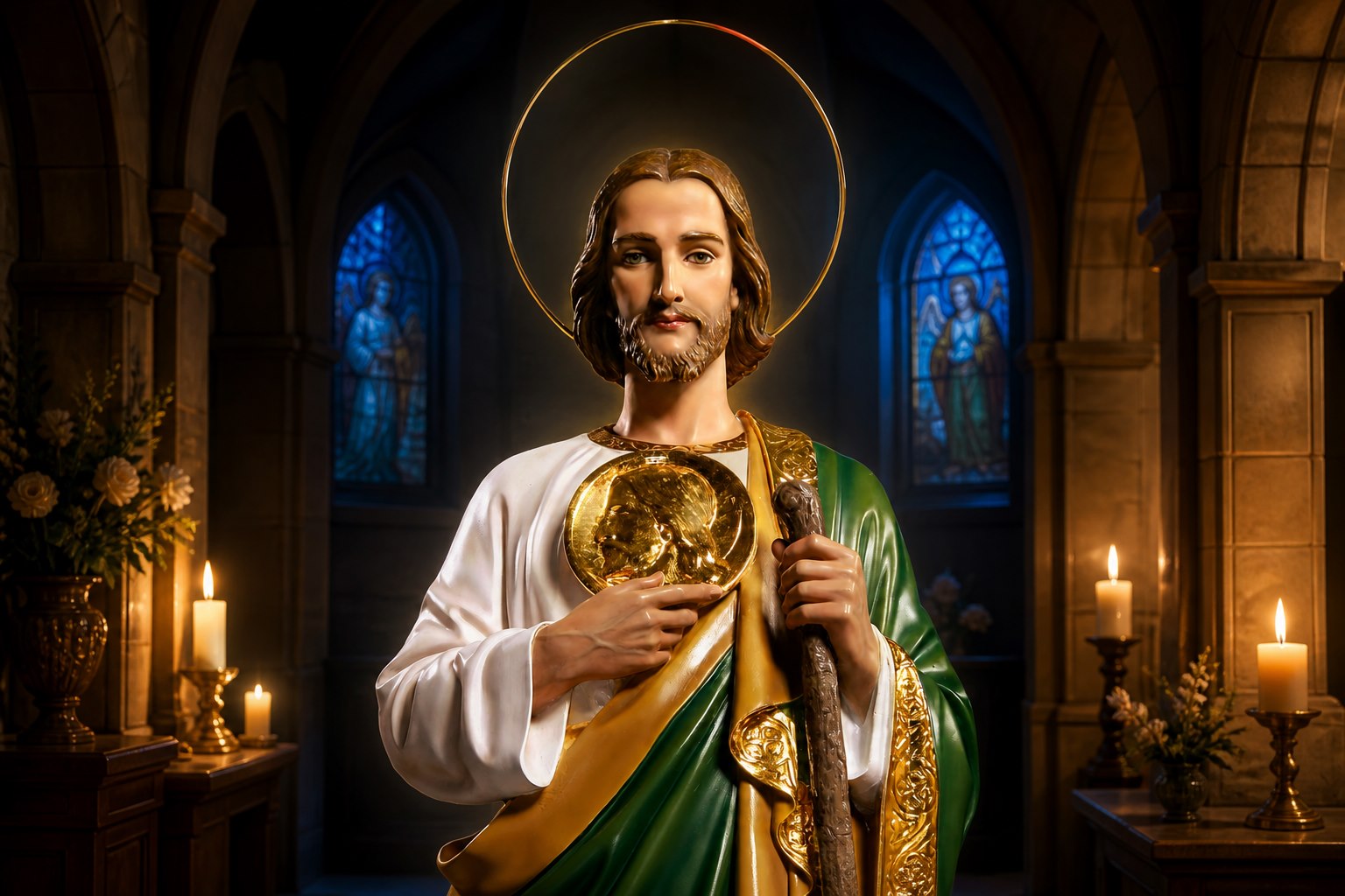 Oración de la Noche a San Judas Tadeo para Entregar las Preocupaciones y Descansar 1 San Judas Tadeo en una capilla iluminada por velas para una oración de la noche