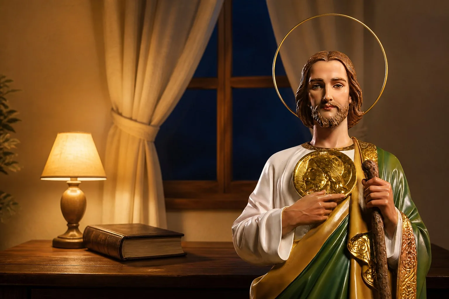 Oración de la noche a San Judas Tadeo con el santo a la derecha junto a una lámpara y una Biblia