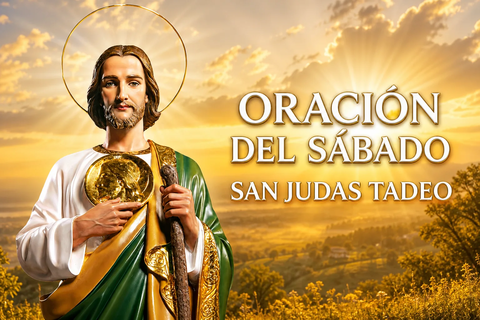 San Judas Tadeo a medio cuerpo ante un amanecer dorado para la oración del sábado