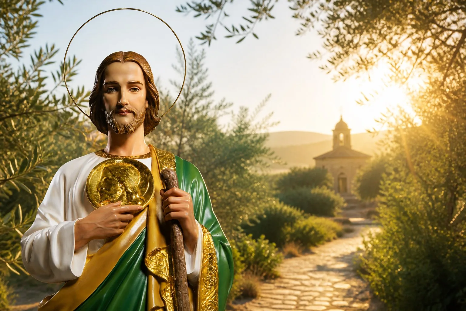 Oración del Viernes a San Judas Tadeo para Cerrar la Semana con Gratitud y Bendición 1 San Judas Tadeo a la izquierda en un jardín iluminado al amanecer para la oración del viernes